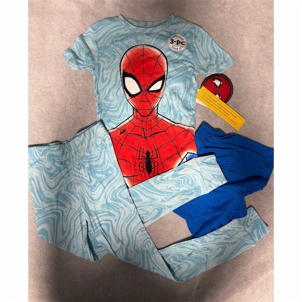 Marvel Spider-Man Boys Pajama Set Blue Red 3-Piece Tee Shorts Pants Size 8